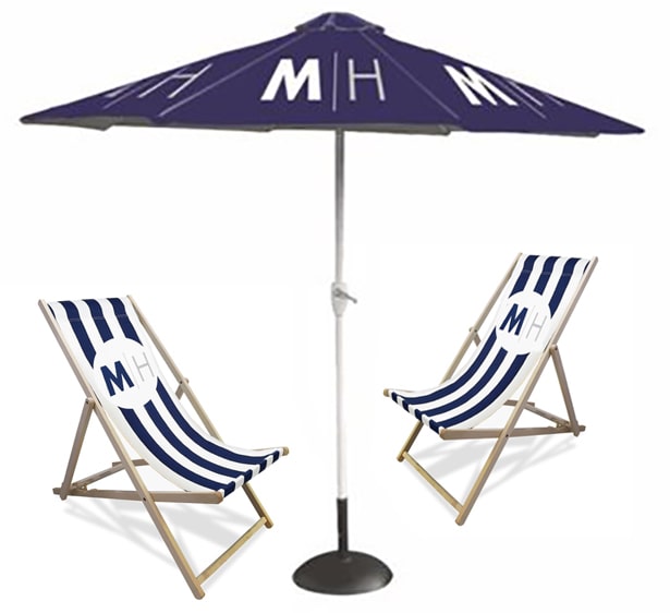 Circular Parasol and Branded Deck Chairs